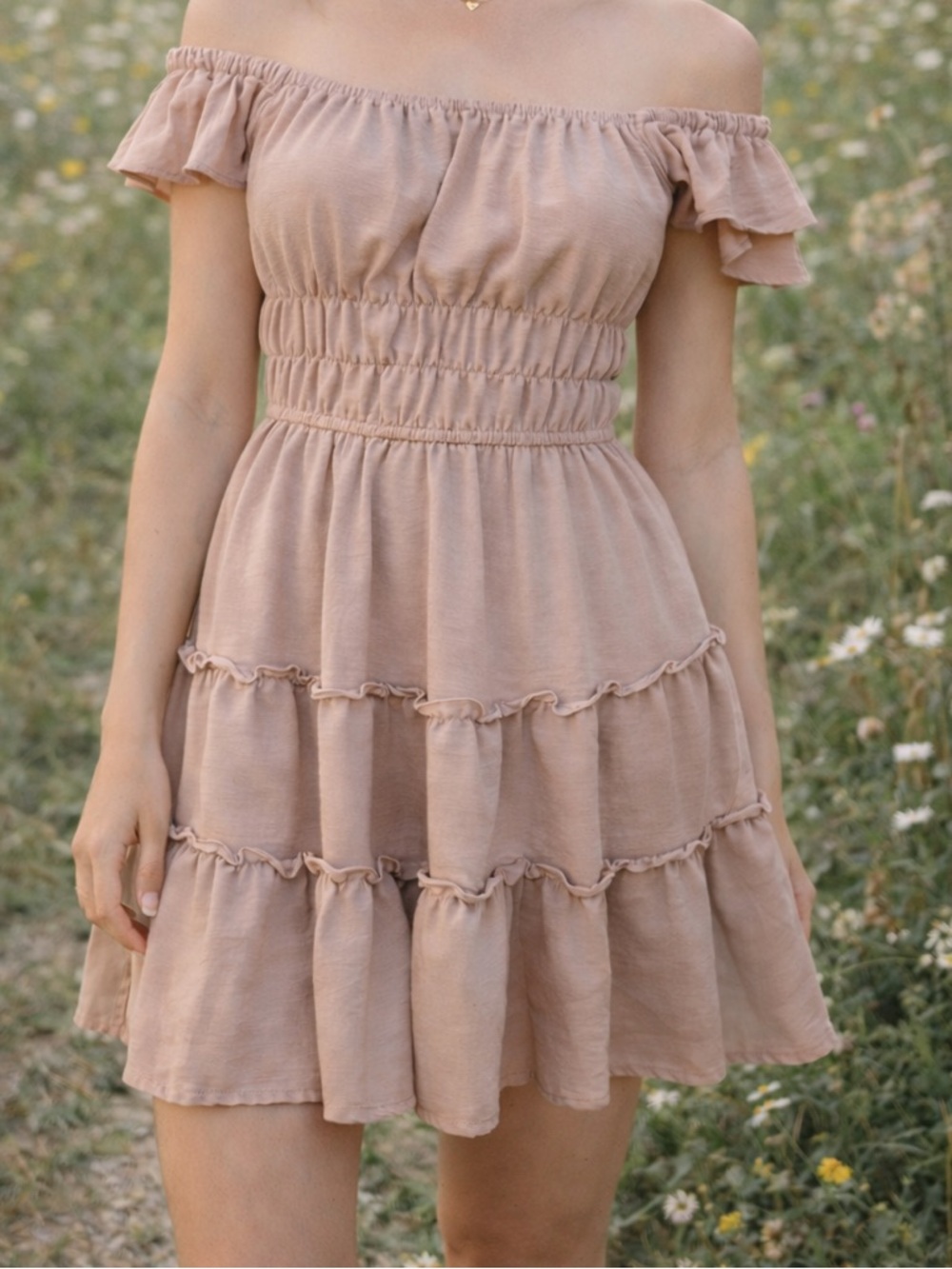Liberty Love Smocked Cottagecore Mini Dress Ruffle Tiered Babydoll Beige M